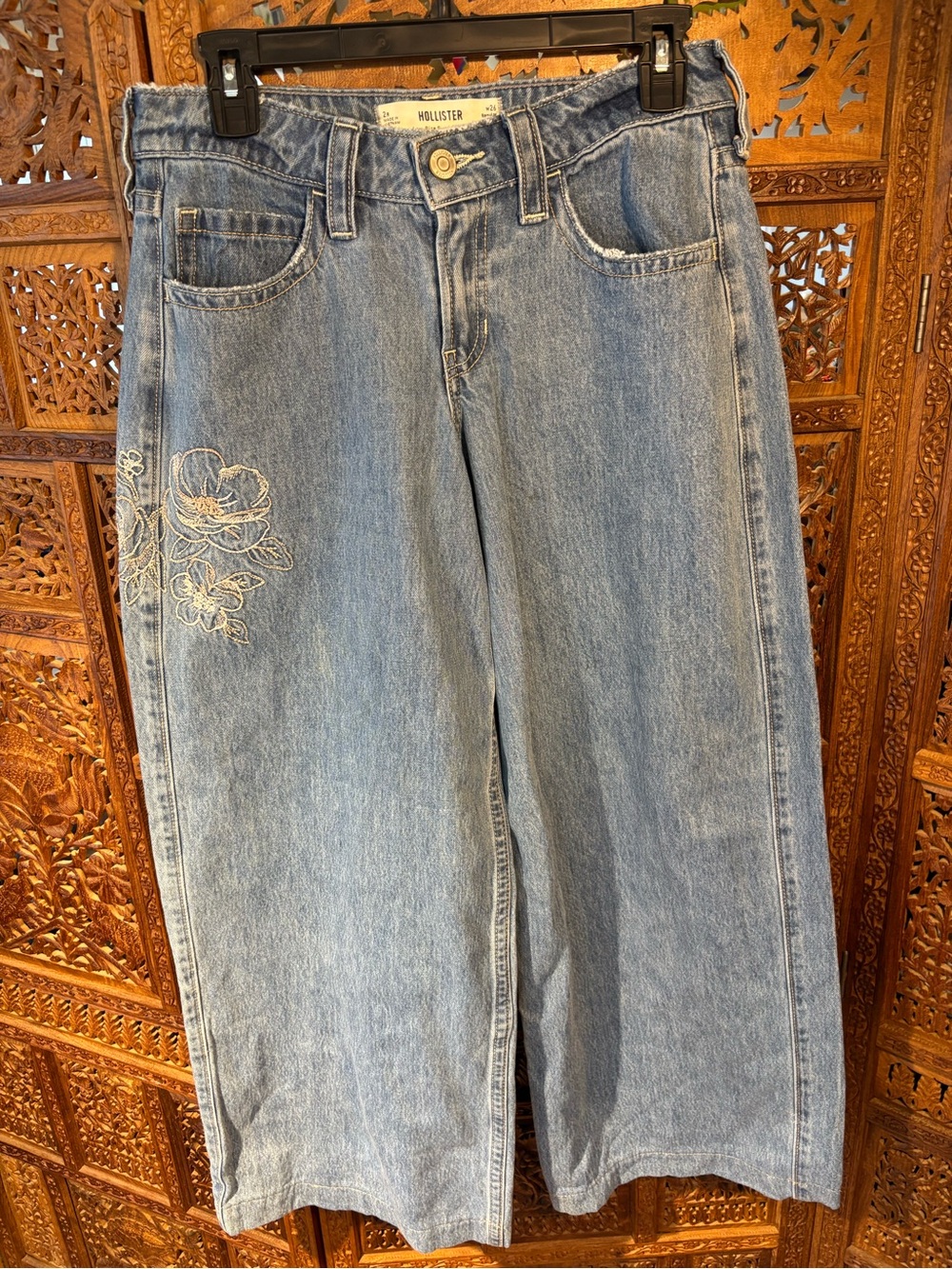 Hollister Light Blue Wide-Leg Jeans with Embroidered Floral Detail
